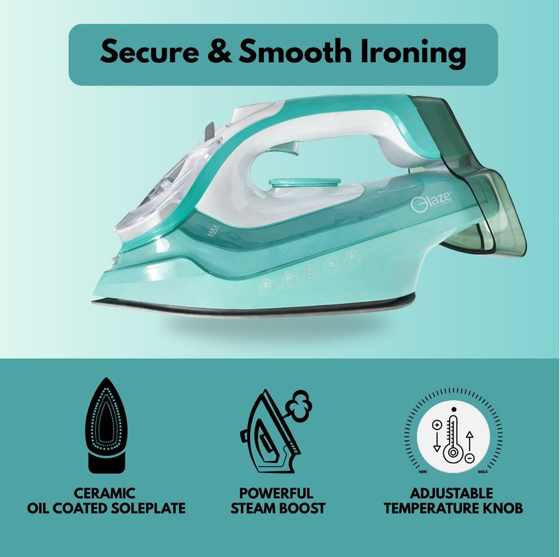 جليز مكواة بخار بقوة 3000 واط - تسخين سريع وقوي مع البخار والرذاذ، قاعدة سيراميك، تحكم قابل للتعديل في درجة الحرارة، نظام مضاد للتكلس، لون فيروزي - Image 4